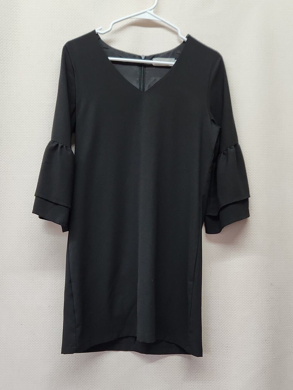 Women's Black V-Neck Midi Dress with Layered Bell Sleeves